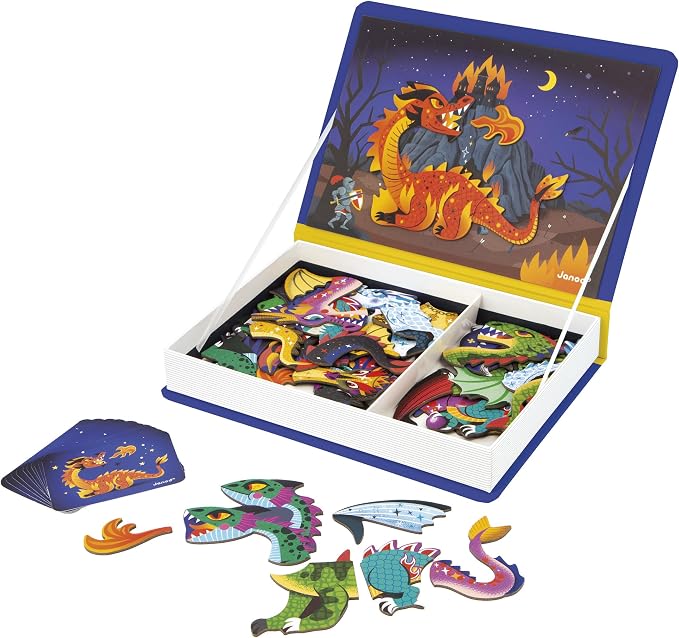 Janod - Magnéti'Book - Magnetic Game - Dragons - Purple | Cardboard Kids Toy - Develops Dexterity and Imagination - 63 Pieces - Ideal for Ages 3 and Up - Preschool Learning Activity