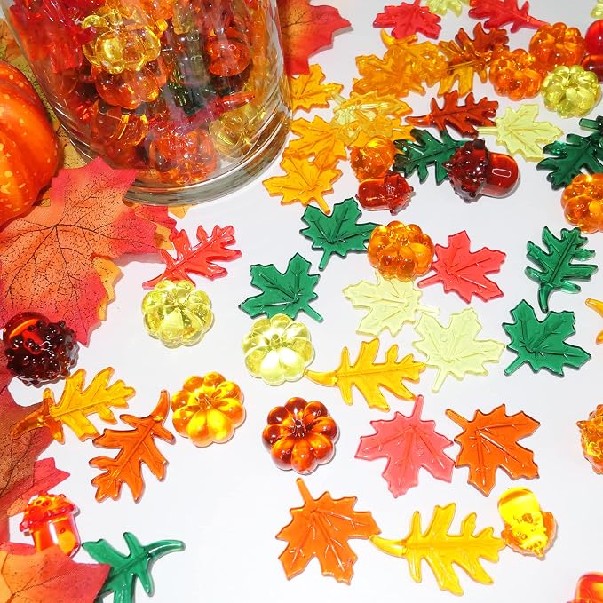 HADDIY Fall Vase Filler 165pcs Pumpkin Mini Leaves Gems Sensory Bin Fillers | autumn Acrylic Acorn for craft Thanksgiving Table Scatters,Centerpieces Table Decorations,Counting,bow and jar fillers
