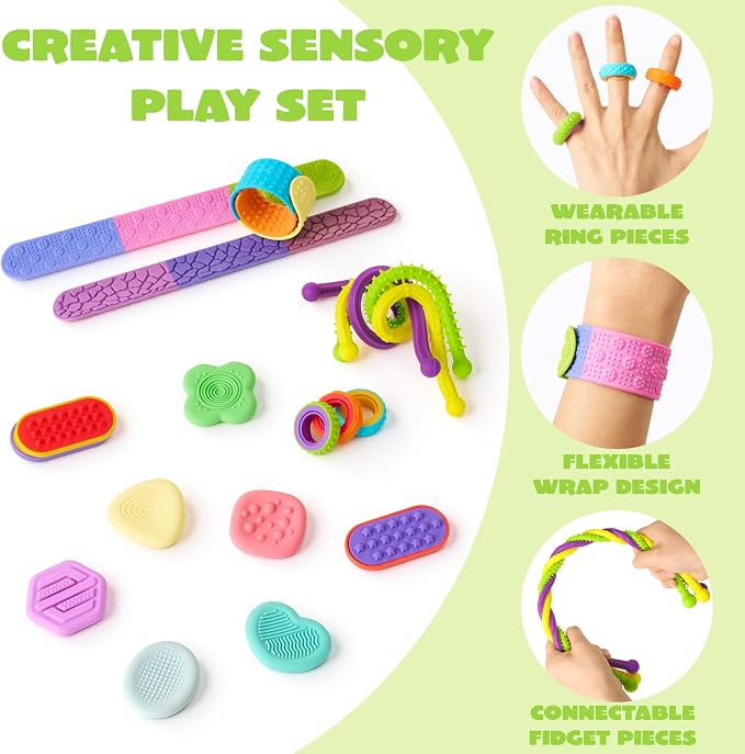 JOYIN 18 PCS Silicone Fidget Toys Set, Quiet Silicone Sensory Toys for Kids & Adults, Stress Relief Pack with Sensory Stones, Fidget Rings, Push Boards, Stretchy Strings & Textured Wristbands