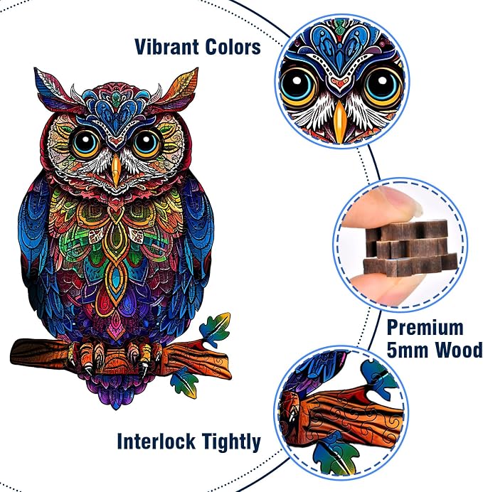 Wooden Puzzles for Adults, Unique Shaped Animal Jigsaw Puzzles, Owl Wood Puzzles Adult, Birthday Gifts for Adult and Kids, 200 Piece 11.2"×7.3"