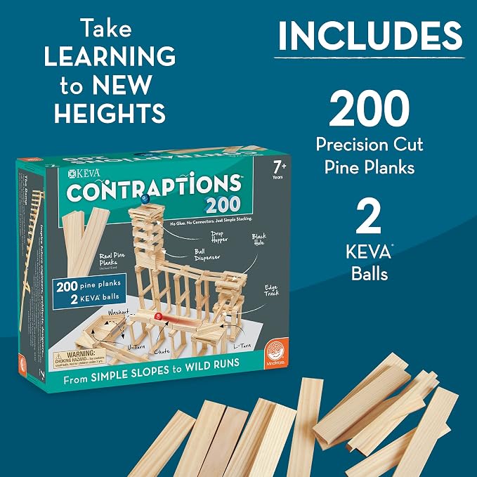 MindWare KEVA Contraptions, Wooden Blocks Building Set, Marble Run Kit, Includes 2 Balls - 200 Planks | Build and rebuild endless designs with 200 wooden planks. Includes 2 balls and 1 idea book with project photos.