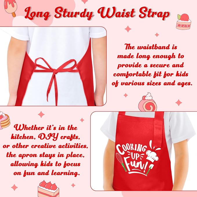 R HORSE Kid Apron and Chef Hat Set 2Pcs Adjustable Red Cooking Children Kitchen Apron, Waterproof Dress up Role Play Chef Toy Funny Cooking Baking Painting and Training Kit for Kid Birthday Party Gift