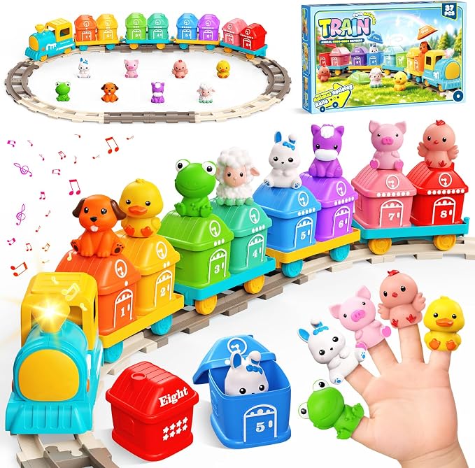 Electric Train Set for Toddler with Farm Animals, Music & Lights, Ages 2-4 | Montessori Self-Moving Electric Train Set, 37 PCS with 8 Numbered Barns and Animal Finger Puppets for Counting and Sorting