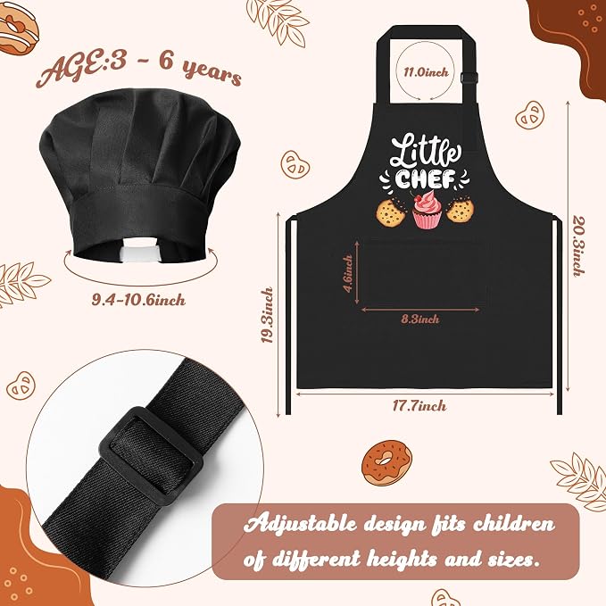R HORSE 2 Pieces Kid Apron and Chef Hat Set, Dress up Pretend Play Toy | Black Little Chef Adjustable Children Kitchen Apron with Pockets, Ideal for Cooking, Baking, Painting, Cooking Birthday Gift