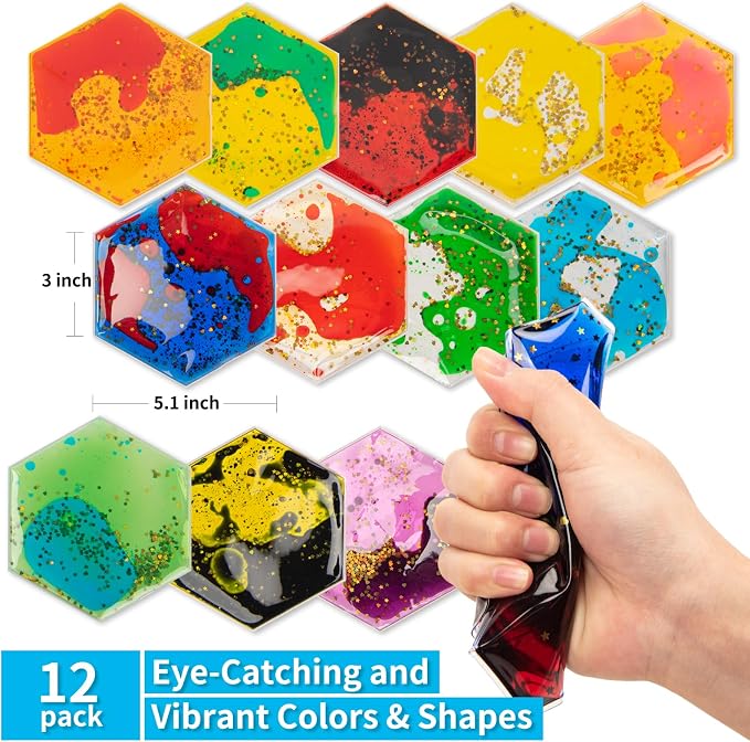 Art3d Hexagon Sensory Fidget Multicolor Liquid Motion Tiles, 12-Pack | Lightweight, Boost Focus, Relieve Anxiety, Eco-Friendly, Varied Colors & Shapes, Suitable for Kids, Teens