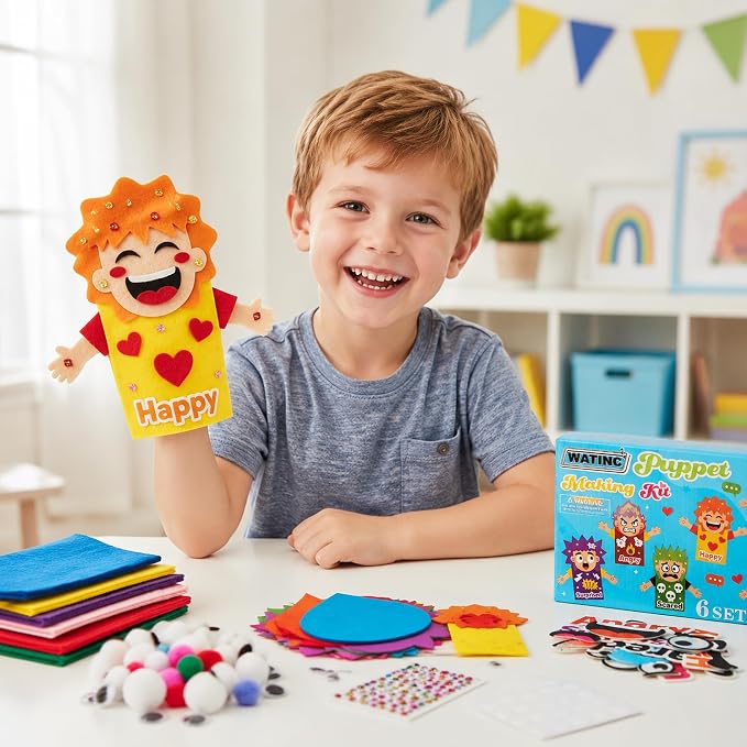 WATINC Hand Puppet Making Kit, Felt Sock Puppet Toys for Kids (Emotion) | 6 Styles, Make Your Own Storytelling & Role Play Crafts, Creative Group Activity, Party Favors & Gifts for Kids Ages 4-8