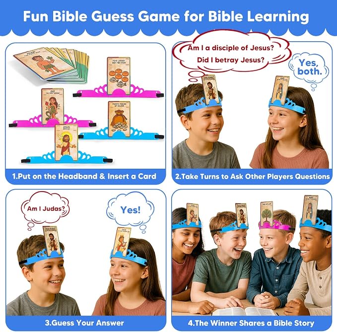 Garybank Bible Headbands Games for Kids, Bible Character & Item Guess Game | 66 Picture Keyword Cards, 4 Headbands, 1 Hourglass, Learn Biblical Stories & Verses, Sunday School, Family Night, Easter Gift
