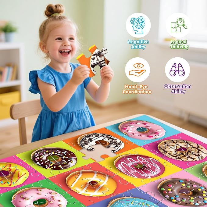 Jumbo Floor Puzzle for Kids,48 Piece Colorful Donut Jigsaw Puzzle Ages 3-8 | Dessert-themed Donut Learning Puzzle,Extra-thick Cardboard,35x24 in Completed,Preschool Gift for Boys and Girls