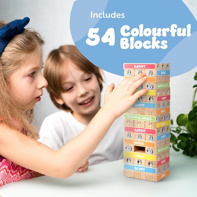 Bluey Tumbling Tower Game, 54 Illustrated Wooden Blocks, Ages 3+