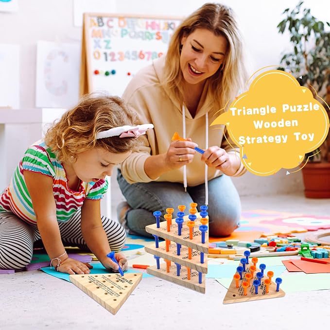 16 Packs Wooden Peg Game Tricky Triangle Peg Board Game Family Wood Puzzles Strategy Toy for Kids Adult Family Travel Gathering Jump Games