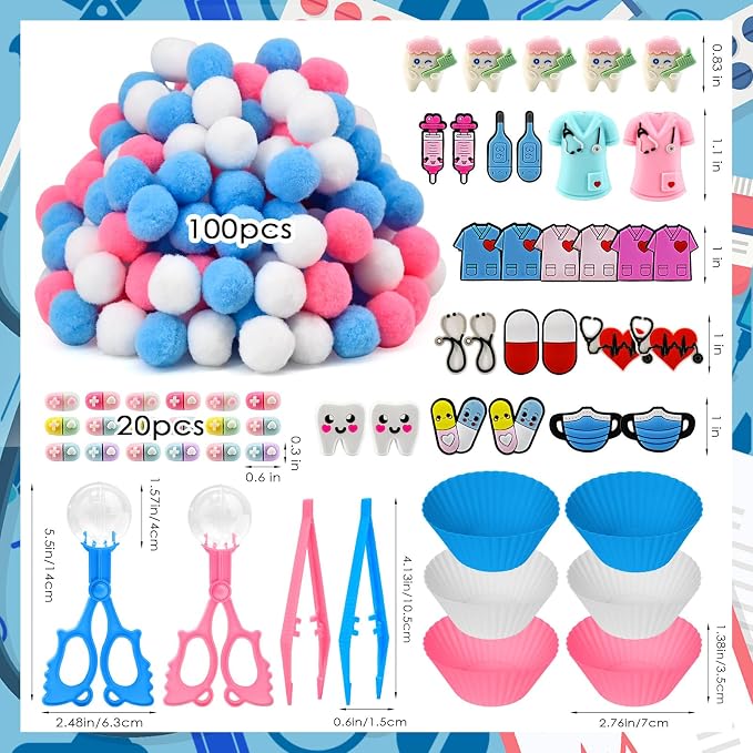 159 Pcs Doctor Sensory Bin Items Pretend Play Doctor Kit Counting Sorting Sensory Bin Filler Fine Motor Capsules Tooth Model Face Mask Counts for Summer Counting Sorting