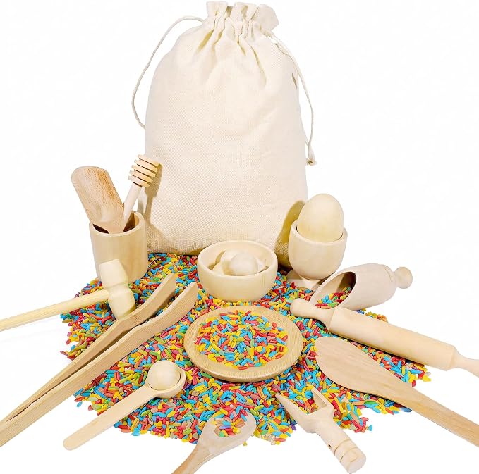 Hiawbon 25PCS Wooden Sensory Bin Tools for Toddlers Sensory Bin Filler | Wooden Pretend Play Sensory Tools Montessori Sensory Wooden Toys Fine Motor Learning Toys for Counting Sorting