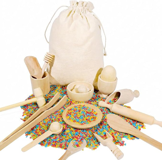 Hiawbon 25PCS Wooden Sensory Bin Tools for Toddlers Sensory Bin Filler | Wooden Pretend Play Sensory Tools Montessori Sensory Wooden Toys Fine Motor Learning Toys for Counting Sorting