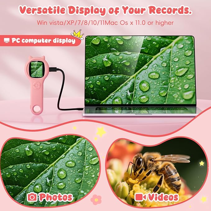 Kids Microscope for Girls, 500X Portable Digital Microscope with 2" IPS Screen, Cute STEM Learning Toy, Birthday Gift for Girls Age 5-12 (Pink)