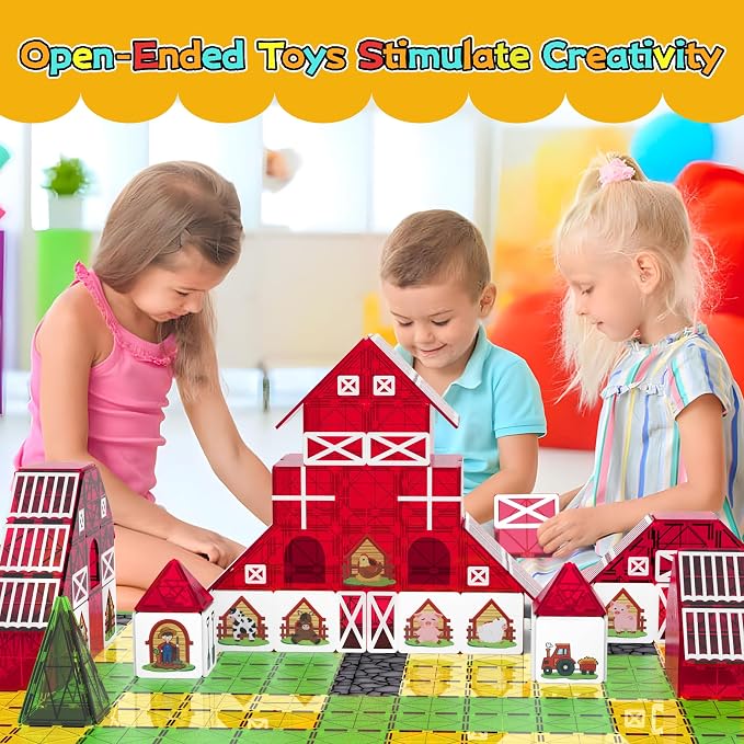 SKTMYY Magnetic Tiles Farm Animal Toy Set with Interactive Cow & Horse, Magnetic Building Blocks for Kids Ages 3-5 4-8 5-7, Magnet Tiles Educational STEM Toy for Boys & Girls