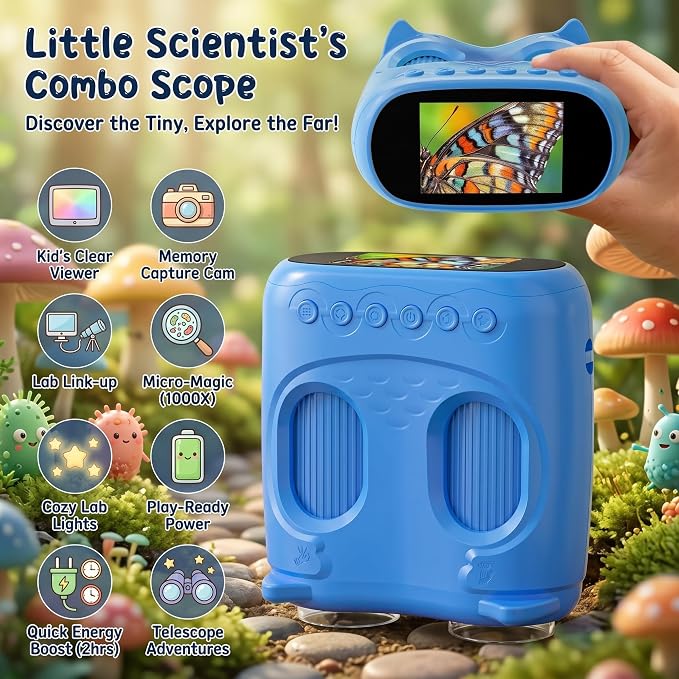 2-in-1 Kids Microscope and Telescope, 1000X Handheld Digital Microscope for Kids, 2.0" Screen, 8 LEDs, 10X Pocket Telescope for Outdoor, 1080P Camera STEM Toys Gifts for Boys Girls 4-12, Blue