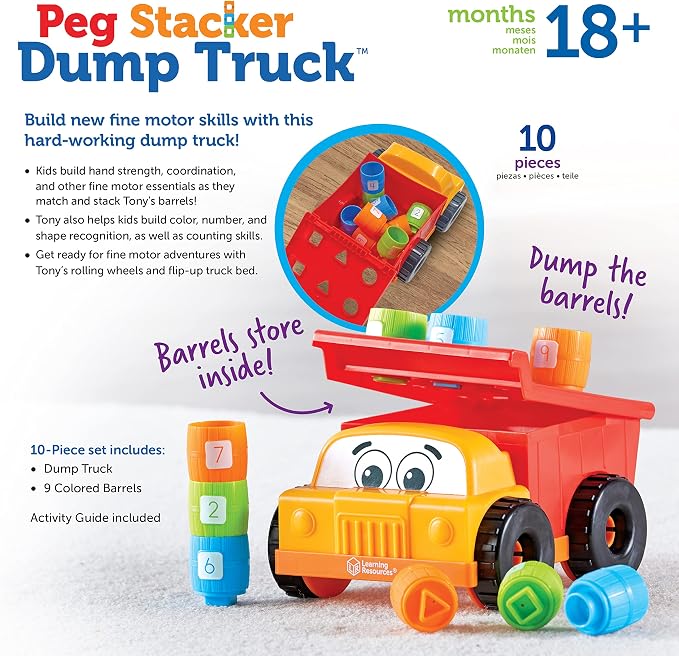 Learning Resources Tony the Peg Stacker Dump Truck - 10 Pieces, Ages 18+ Months Fine Motor Skills Toy for Toddlers, Preschool Toys
