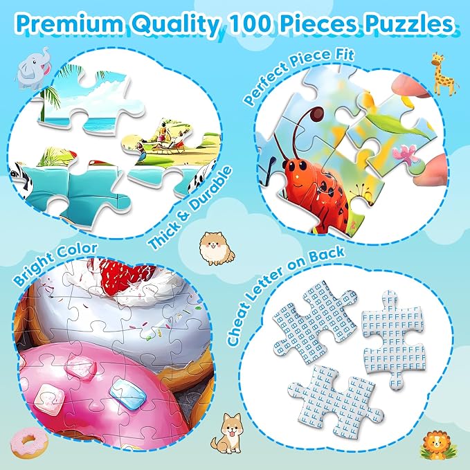 4 Packs 100 Piece Puzzles for Kids Ages 4-6 6-8 8-10, Cute Donuts & Insects & Dalmatians & Animals Educational Jigsaw Puzzles, Birthday Xmas Gifts for Boys Girls Teens Adults Kids Puzzles 4-6 5-8