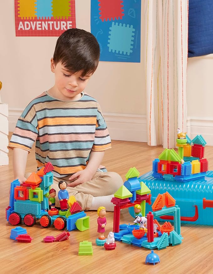 Battat Bristle Blocks Deluxe Builder Case, 113-Piece Building Toy, Playset | STEM interlocking building blocks with family and animal figurines in a reusable carrying case for storage and take-along