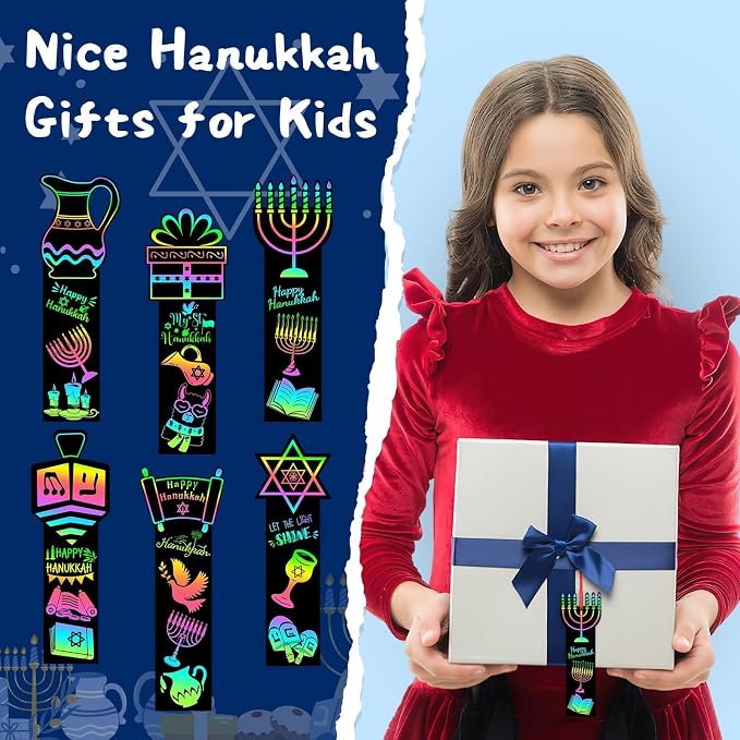 JUNEBRUSHS Scratch Bookmarks, Rainbow Magic Scratch Paper Art DIY Crafts Kit for Classroom Activity Gifts (Hanukkah Style)