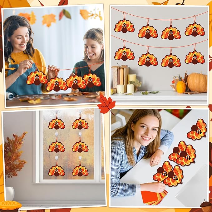 Qyeahkj 36 Set Thanksgiving Turkey Suncatchers Crafts for DIY Fall Window Tissue Paper Craft Kit Autumn Hanging Decor for Harvest Home Activity Art Project Birthday Party Favor Gift