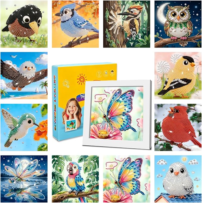 DOZEEZOP 12-Pack Small Diamond Art Kits for Kids 6-12, Sky-Animals 7"x7" | 5D Diamond Painting, Partial Round & Special Drills, Desktop & Wall Decor, Beginner DIY Craft, Stress Relief Gift