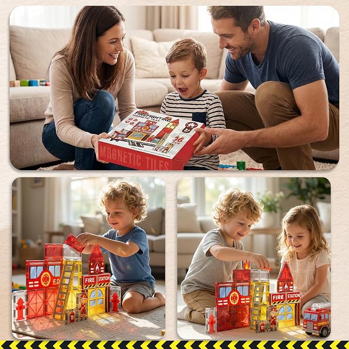 SKTMYY Fire Station Magnetic Tiles Building Toys for Kids Ages 4-8 | Fire Truck, Firemen, Firefighter, Road Magnet Tiles, STEM Magnetic Blocks, 3+ Year Old Boys Gifts, Montessori Preschool