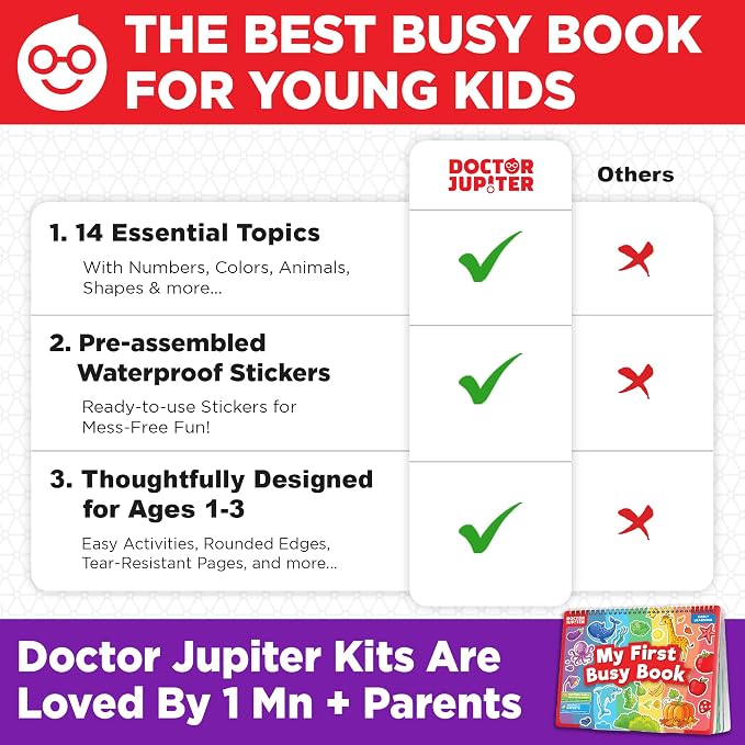 Doctor Jupiter My First Montessori Busy Book for Kids Ages 1-2-3 Year Old | Birthday Gift for Boys & Girls Ages 1,2,3, My First Montessori Busy Book, Toddler Learning Activities, Educational Travel Toy