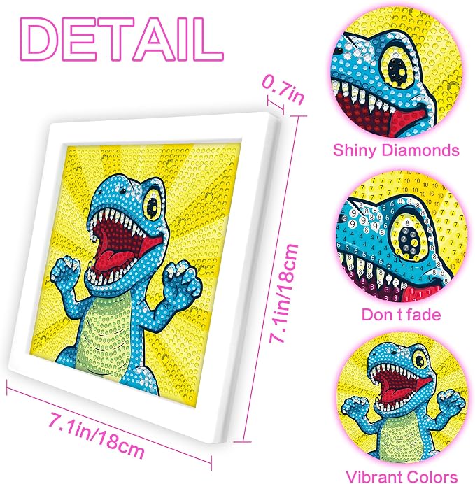 Reofrey Diamond Art Kits for Kids with Frame, DIY Dinosaur Animal Diamond Painting Kits, Arts Crafts Gift for Girls & Boys Ages 4,5,6,7,8,9,10,11,12, Creative Educational Toy for Beginners (7x7 Inch)