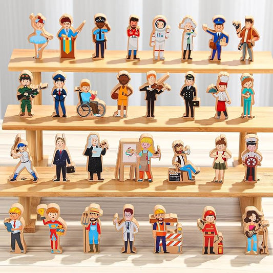 Blosssound 30 Pcs Community Helpers Blocks Preschool Community Helpers | Wooden People for Dramatic Play Center, Multicultural Career Toys, Pretend Games for Kids Classroom, Educational Blocks