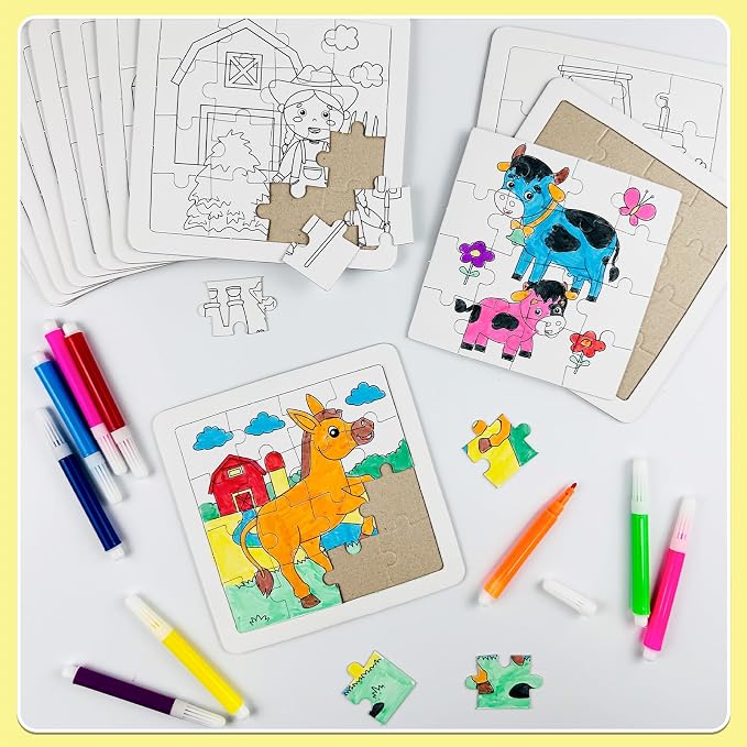 Cinrobiye 24 Pcs Farm Animal Coloring Jigsaw Craft Kit for Kids, DIY Barnyard Activity Set Bulk with 12 Designs, Tractor Birthday Party Favors, Classroom Art Projects