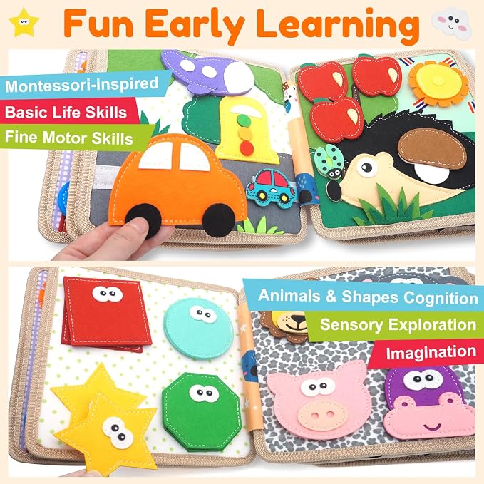 Busy Books for Toddlers 1-3, Felt Montessori Quiet Book Set, Portable Travel Plane Toys, Home, Forest, Giraffe, Rabbit Animals Educational Activity Books, Birthday Gifts for Boys & Girls