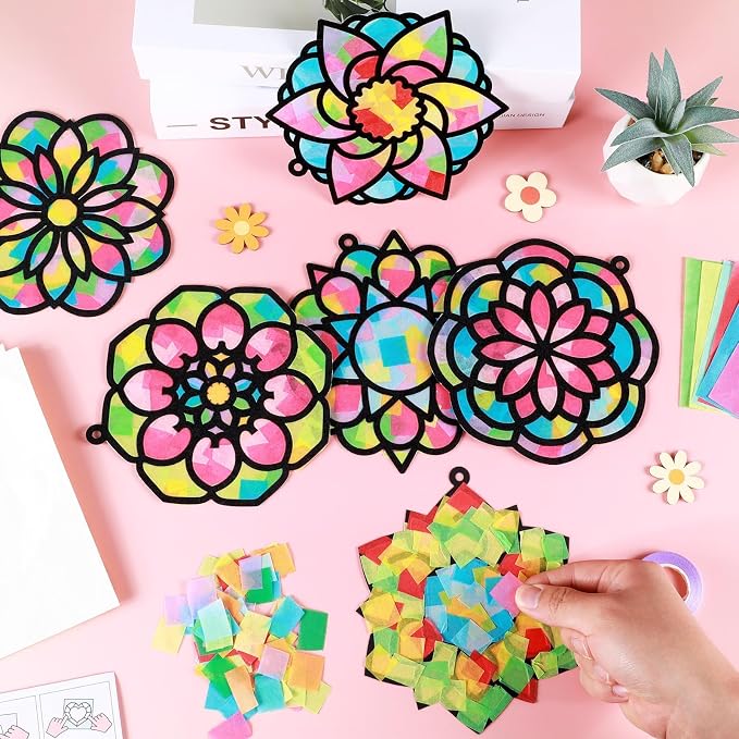 Qyeahkj 36 Set Mandala Suncatchers Crafts for Kids DIY Mandala Window Tissue Paper Craft Kit Art Flower Hanging Decor for Summer Home Activity Art Project Birthday Party Favor Gift
