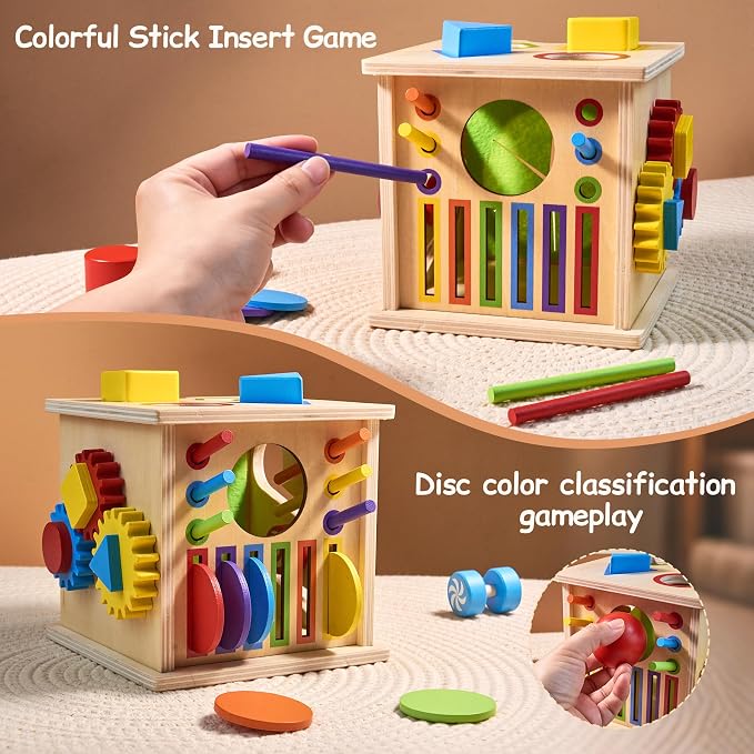 TOMMYHOME Wooden Montessori Multifunctional Sensory Box 8-in-1,Help Children Improve Their Arithmetic Skills and Color Recognition abilities.Coin Box