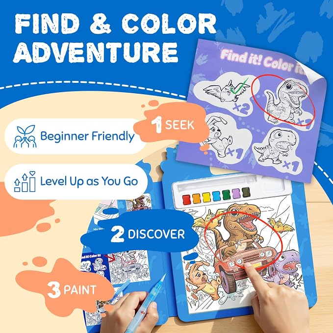 JoyCat Find & Color Paint with Water Coloring Books for Toddlers | Seek and Find Learning Activity, Dinosaur No Mess Arts & Crafts Kids Toys Ages 3-5 & 4-8, Birthday Gifts for Boys & Girls