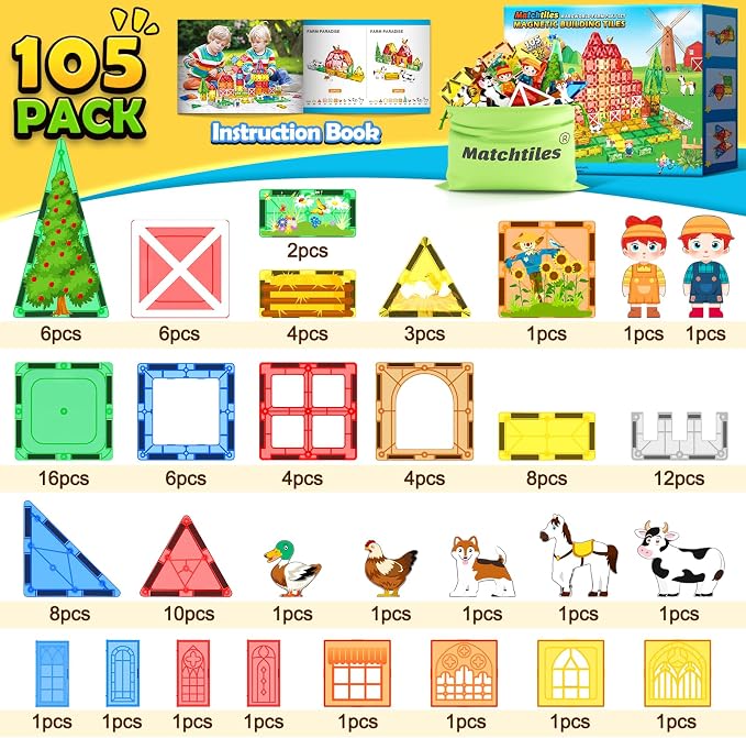 105 PCS Magnetic Tiles with Farm Animals, Magnetic Blocks Building Toys for 3+ Year Old Toddler, Construction STEM Magnet Toys Gift for Kids, Boys and Girls 3 4 5 6 7 8+ Year Old