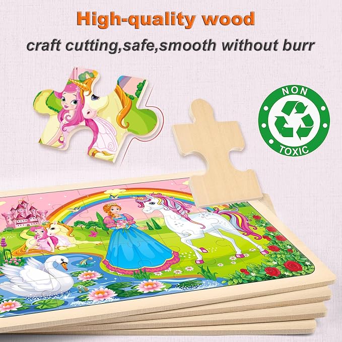 Wooden Jigsaw Puzzles for Kids Ages 4-6, 4-Pack 24-Piece Castle Puzzles Toy | Wood Puzzles Set, Toddler Brain Teaser Toys, Gifts for Boys Girls Ages 3 4 5 6