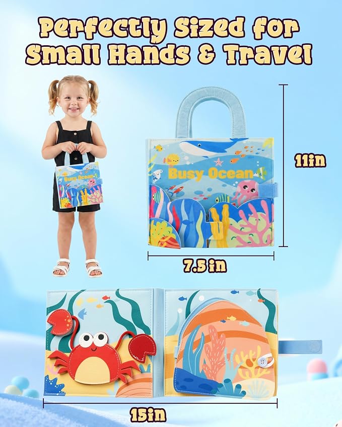 Montessori Busy Book for Toddlers, 8-Page Sensory Activity Book for Fine Motor Skills & Basic Dress Learning, Portable Travel Toy for Preschool Kids, Birthday Gift for Boys and Girls (Sea animals)