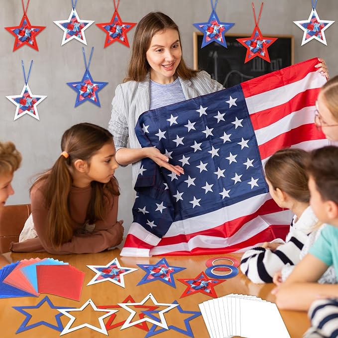 Qyeahkj 36 Set 4th of July Suncatchers Crafts for DIY Patriotic Star Window Tissue Paper Craft Kit Star Hanging Decor for Patriotic Home Activity Art Project Birthday Party Favor Gift