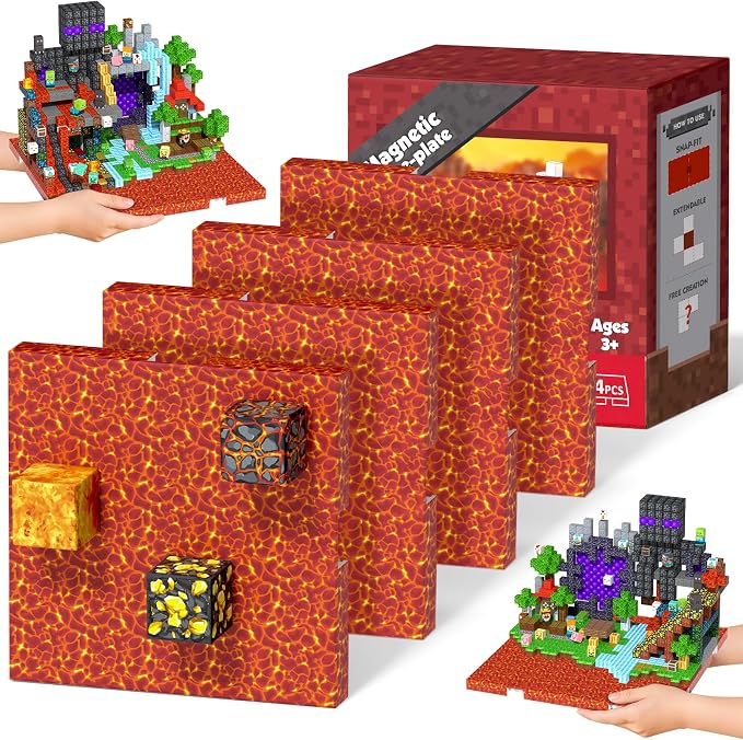 4PCS 4" x 4" Magnetic Building Block Base Plates for Kids, Strong Grip Magnetic Tiles Base Compatible with Most Popular Magnetic Blocks & Cubes, STEM Educational Toys for Boys Girls Ages 3+ (Lava)