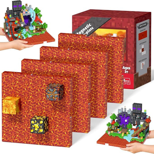 4PCS 4" x 4" Magnetic Building Block Base Plates for Kids, Strong Grip Magnetic Tiles Base Compatible with Most Popular Magnetic Blocks & Cubes, STEM Educational Toys for Boys Girls Ages 3+ (Lava)