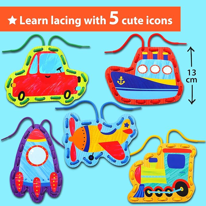 KRAFUN Transport Vehicle Lacing Cards Age 3+ | 5 Projects | 5 vehicle cards: Car, Rocket, Train, Plane & Ship. Builds fine motor skills for toddlers. Beginner activity ages 3+