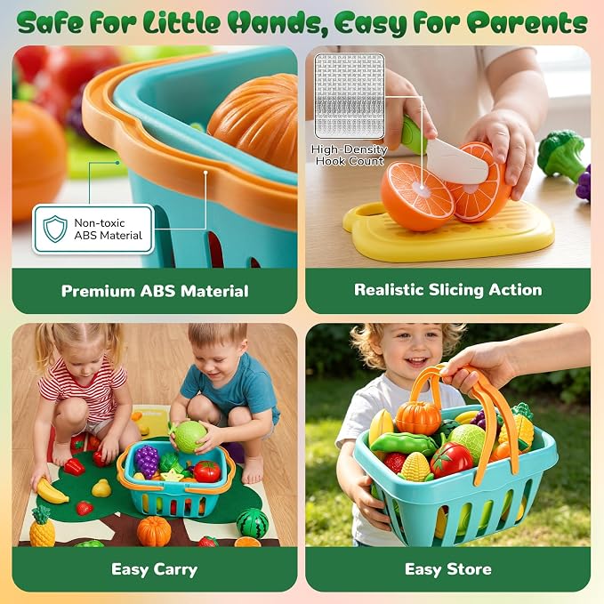 SOCBTNSO Pretend Play Food Set with Felt Tree Mat & Storage Basket for Kids | Kitchen Accessories Toys|Fruit and Veggie Sensory Toy|Montessori Color Sorting|Gift for Toddlers 3 4 5 6 Year Old|Boys Girls