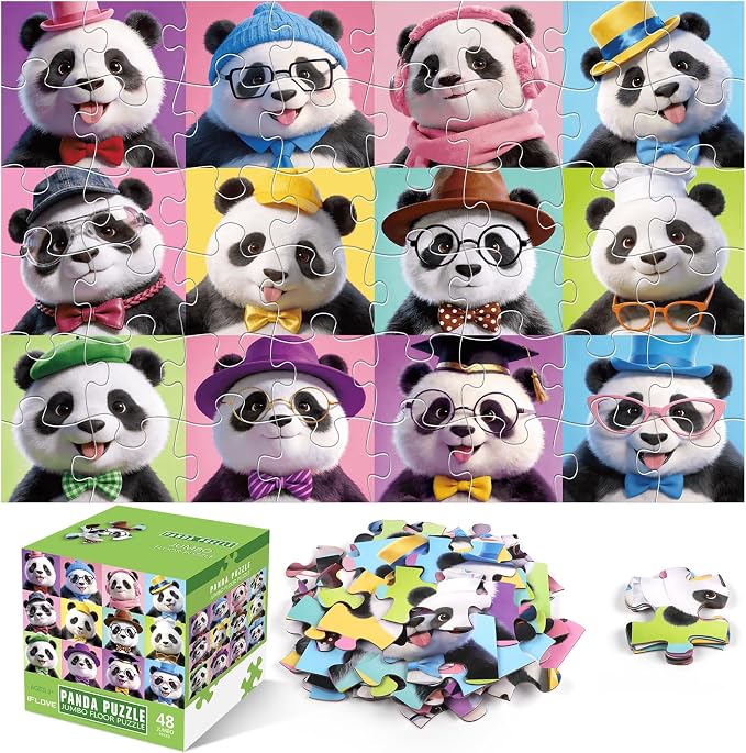 Jumbo Floor Puzzle for Kids,48 Piece Panda Jigsaw Puzzle Ages 3-8 | Panda Theme Animal Puzzle,Extra-thick Cardboard,Preschool Learning Toy,35x24 in Completed,Birthday Gift for Boys and Girls