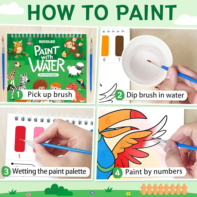 SOCOLER Paint with Water Coloring Books for Toddlers,Animal Theme Mess Free Watercolor Painting Papers for Kids Water Color Paint Kit Art Craft Gift for Ages 1-3, 4-8