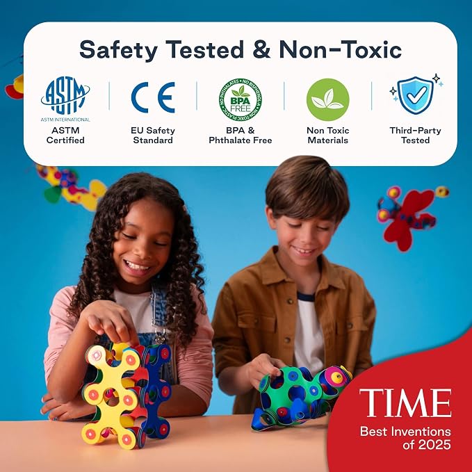 Clixo Itsy Pack, Fun Travel STEM Magnetic Toys (18 Pc, 4+, Pink/Yellow) | Compact open ended toys for screen-free play. Airplane activities and kids road trip games. Easy to clean magnetic STEM sets.