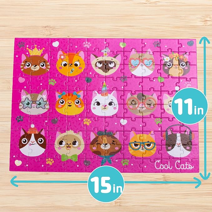 Chuckle & Roar Cool Cats, 100 Pc Jigsaw Puzzle, Puzzles for Kids Ages 6-8 | Glitter Accents, Poster Reference Guide, 11 x 15 in Finished Size, Fine Motor Skills, 100 Piece Puzzles for Kids Ages 6-8