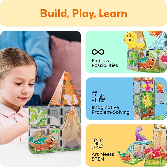 PicassoTiles Dinosaur Magnetic Tiles, STEM Building Blocks Toy Set Ages 3+ | 38 pieces, 8 action figures, vibrant Jurassic world, screen-free activity, color shape recognition, durable BPA-free plastic