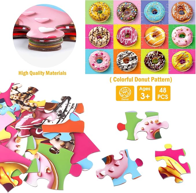 Jumbo Floor Puzzle for Kids,48 Piece Colorful Donut Jigsaw Puzzle Ages 3-8 | Dessert-themed Donut Learning Puzzle,Extra-thick Cardboard,35x24 in Completed,Preschool Gift for Boys and Girls
