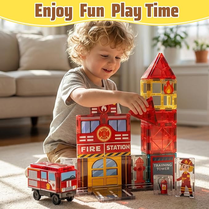 SKTMYY Fire Station Magnetic Tiles Building Toys for Kids Ages 4-8 | Fire Truck, Firemen, Firefighter, Road Magnet Tiles, STEM Magnetic Blocks, 3+ Year Old Boys Gifts, Montessori Preschool